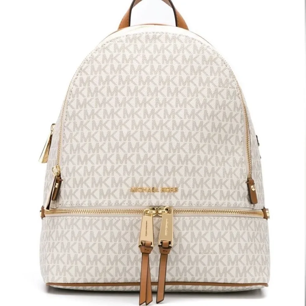 NEW WITH TAGS Michael Kors Rhea Zip Medium Backpack | Vanilla Signature MK
